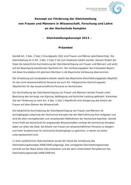 Gleichstellungskonzept 2013 - Hochschule Kempten