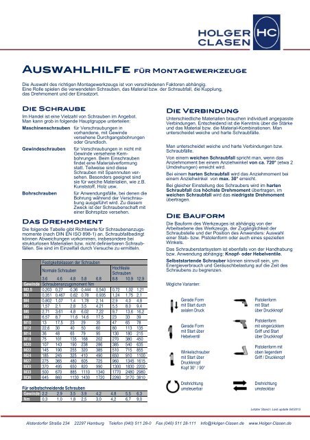 Auswahlhilfe für Montagewerkzeuge Die Schraube Das ...