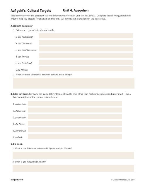 Unit 4 Ausgehen Auf Geht S Cultural Targets