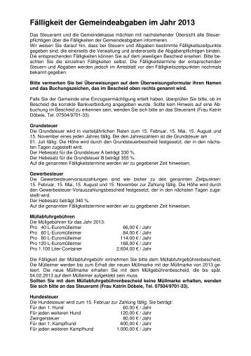 Fälligkeit der Gemeindeabgaben im Jahr 2013 - Horgenzell