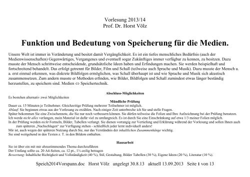 Funktion und Bedeutung von Speicherung für die ... - horstvoelz.de