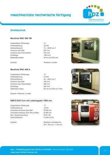 Maschinenliste Mechanische Fertigung - HPZ - Krefeld