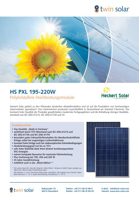 Datenblatt Heckert Solar PXL 195-220 Wp - bei HR Controls