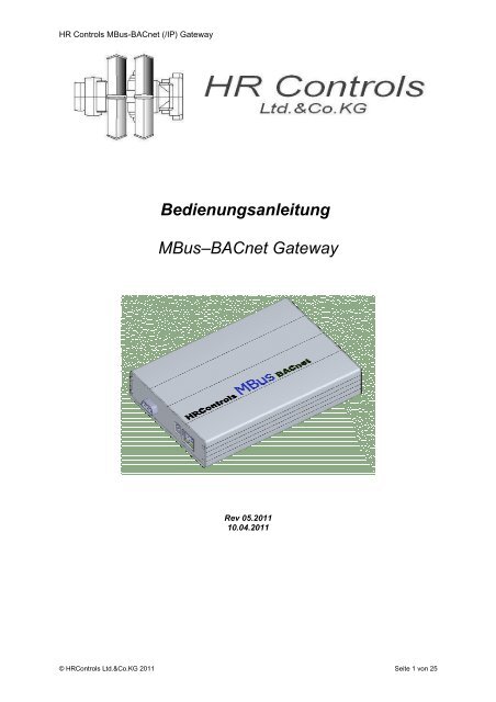 Bedienungsanleitung MBusâBACnet Gateway - bei HR Controls