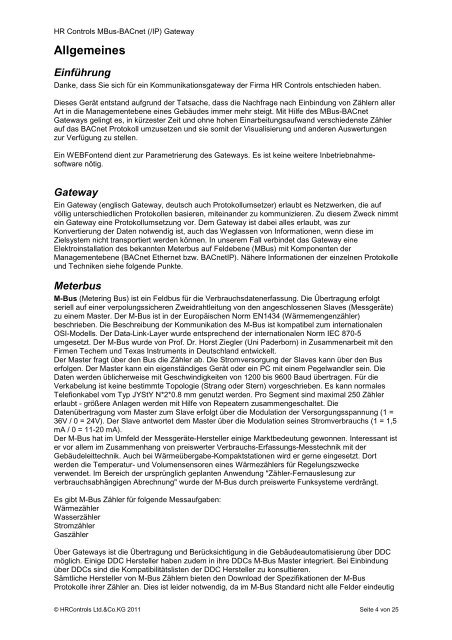 Bedienungsanleitung MBusâBACnet Gateway - bei HR Controls