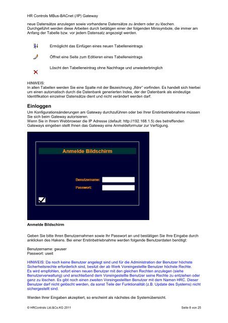 Bedienungsanleitung MBusâBACnet Gateway - bei HR Controls