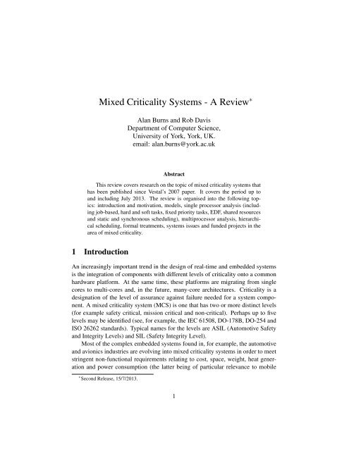 Mixed Criticality Systems - A Review - University of York