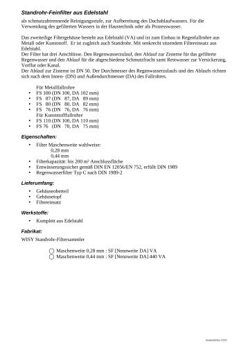 Ausschreibungstext Standrohr-Filtersammler