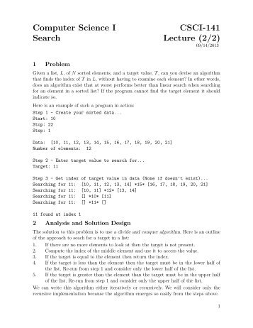 Computer Science I CSCI-141 Search Lecture (2/2) - Department of ...