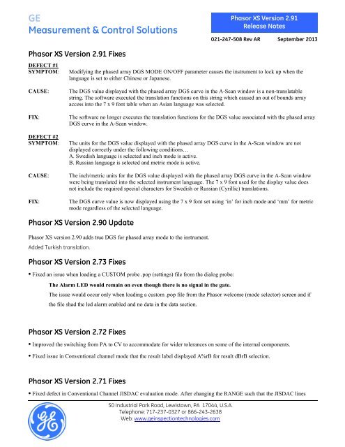 Phasor XS version 2.91 release notes. - GE Measurement & Control