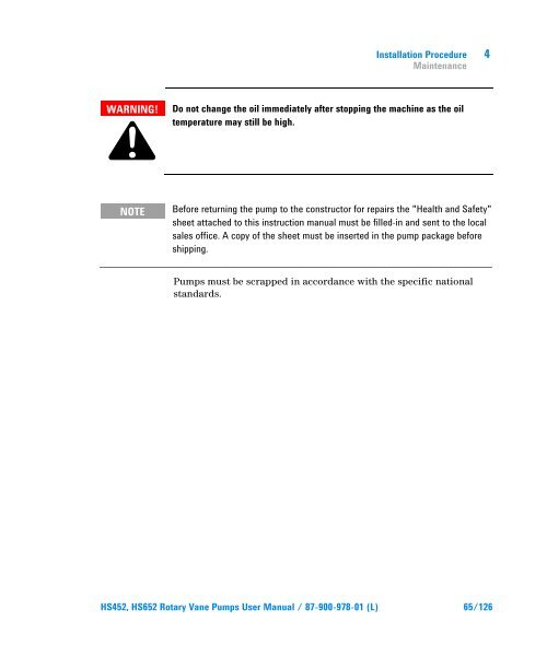 HS452, HS652 Rotary Vane Pumps - Agilent Technologies