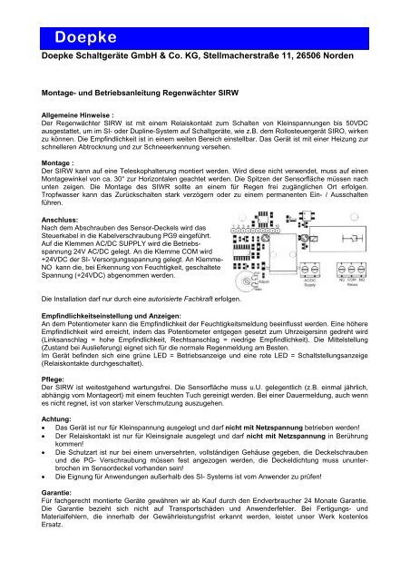 Bedienungsanleitung SIRW Regenwächter - Doepke