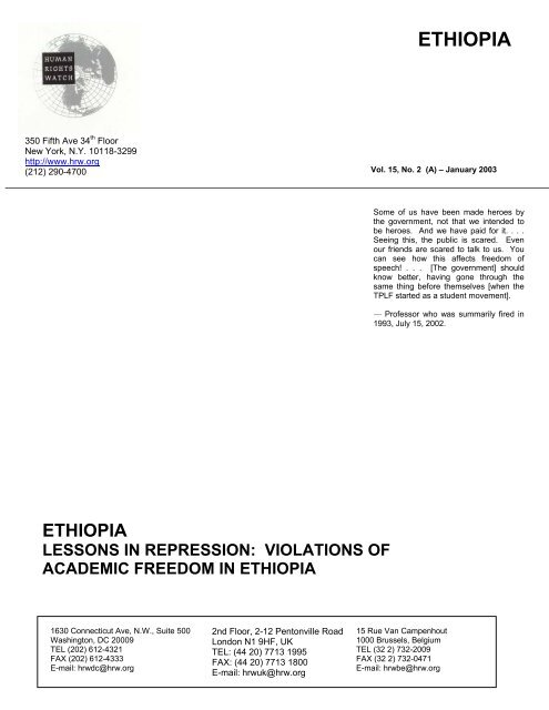 Ethiopia lessons in repression: violations of academic problems, HRW