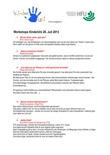 Workshops KinderUni 26. Juli 2013