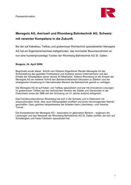 Menegola AG, Amriswil und Rhomberg Bahntechnik AG, Schweiz ...