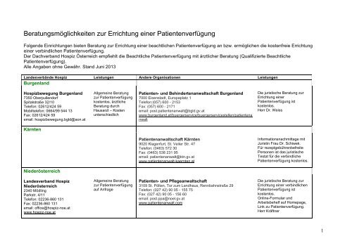 Beratungsmöglichkeiten zur Errichtung einer ... - Hospiz Österreich