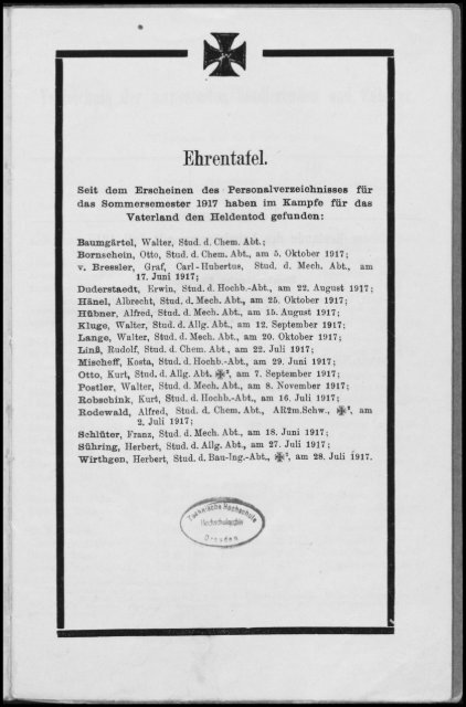 Personalverzeichnis Wintersemester 1917/18
