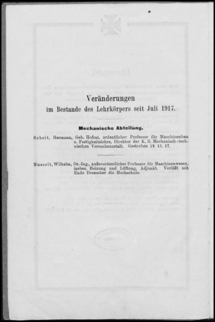 Personalverzeichnis Wintersemester 1917/18