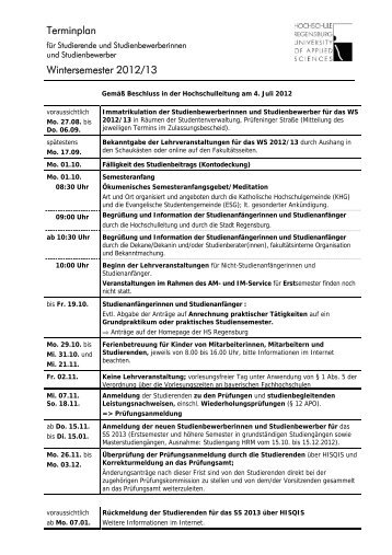 Terminplan Wintersemester 2012/13