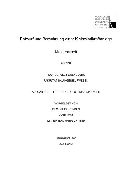 Entwurf und Berechnung einer Kleinwindkraftanlage Masterarbeit