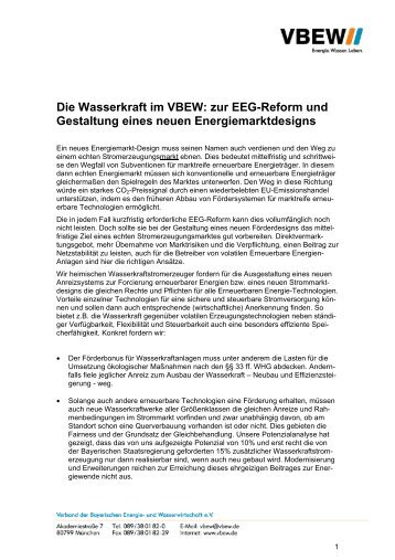 Die Wasserkraft im VBEW: zur EEG-Reform und Gestaltung eines ...