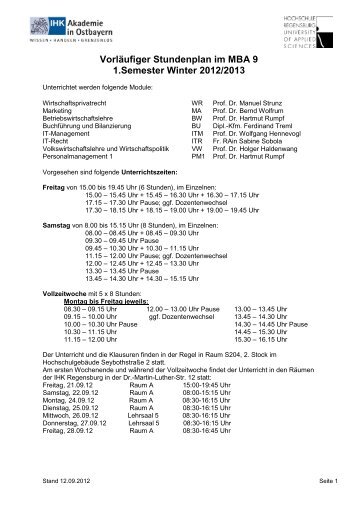 VorlÃ¤ufiger Stundenplan im MBA 9 1.Semester Winter 2012/2013