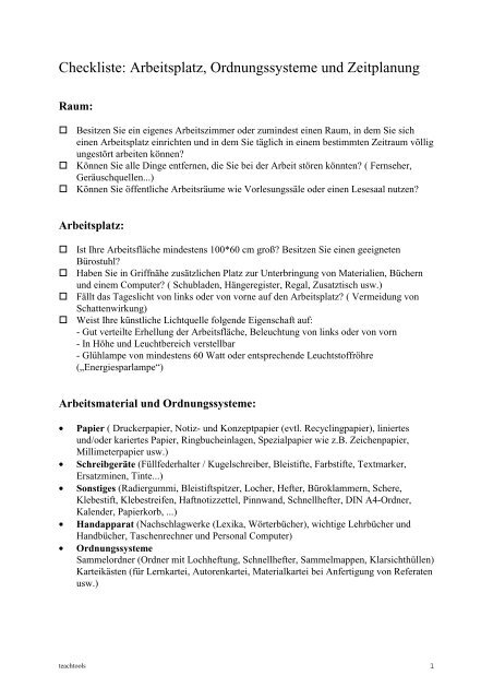 Checkliste: Arbeitsplatz, Ordnungssysteme und Zeitplanung