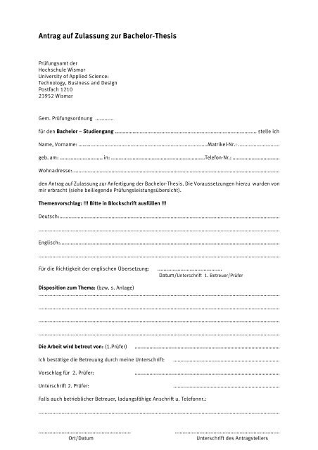 Antrag auf Zulassung zur Bachelor-Thesis - Hochschule Wismar
