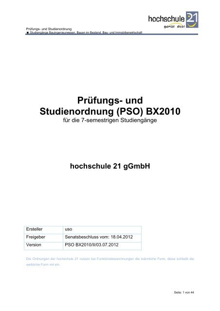 und Studienordnung (PSO BX 2010) - Hochschule 21