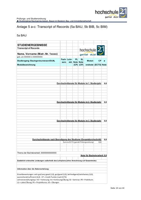 und Studienordnung (PSO BX 2010) - Hochschule 21