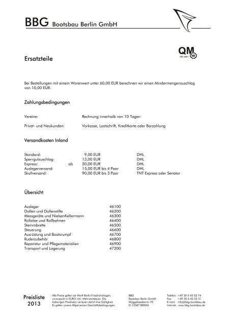 Preisliste 2013 - Ersatzteile - BBG Bootsbau Berlin GmbH