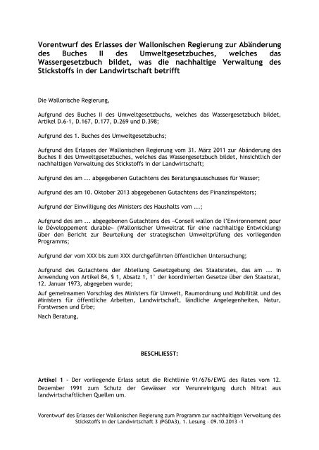 Vorentwurf des Erlasses der Wallonischen Regierung zur ...