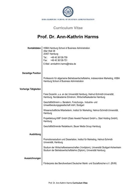 Curriculum Vitae Prof. Dr. Ann-Kathrin Harms - HSBA