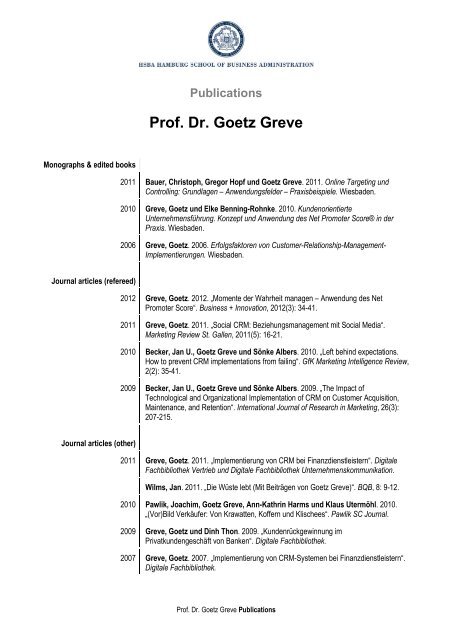 Publications Prof. Dr. Goetz Greve - HSBA