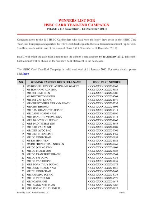 WINNERS LIST FOR HSBC CARD YEAR-END CAMPAIGN