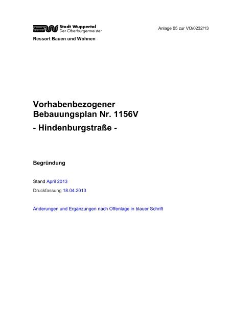 Bebauungsplan 1156V - Begründung zum ... - Stadt Wuppertal