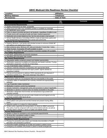 SBHC Medicaid Site Readiness Review Checklist - New Mexico ...