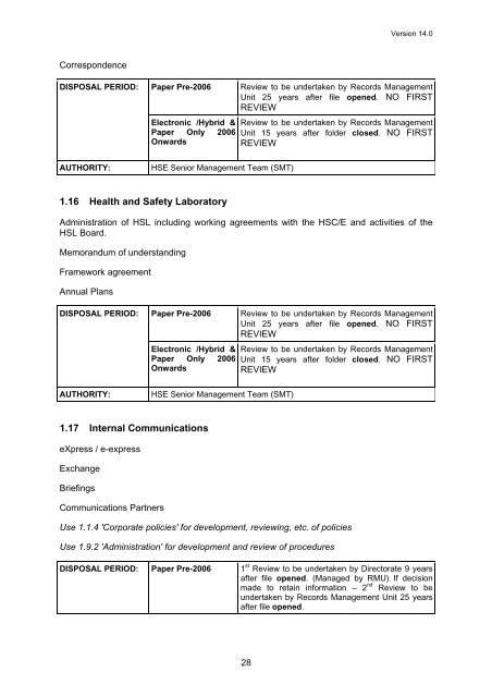 Business Classification Scheme and Retention Schedule - HSE