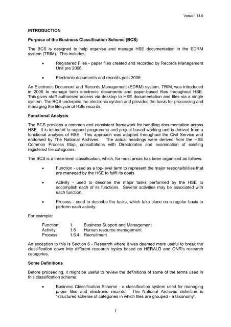 Business Classification Scheme and Retention Schedule - HSE