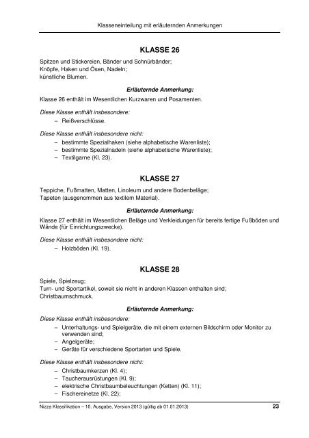 Nizza 10-2013 Anleitung, Anmerkungen, Klassenübersicht - DPMA