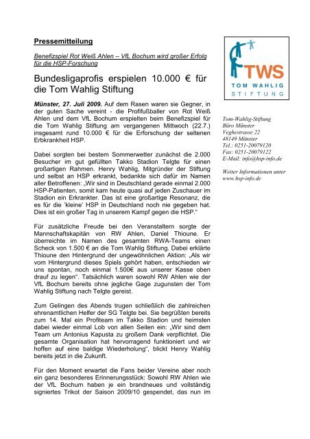 Bundesligaprofis erspielen 10.000 € für die Tom Wahlig Stiftung