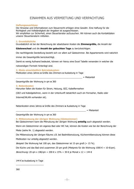 Einkünfte Aus Vermietung Und Verpachtung Beispiel EINAHMEN AUS VERMIETUNG UND VERPACHTUNG