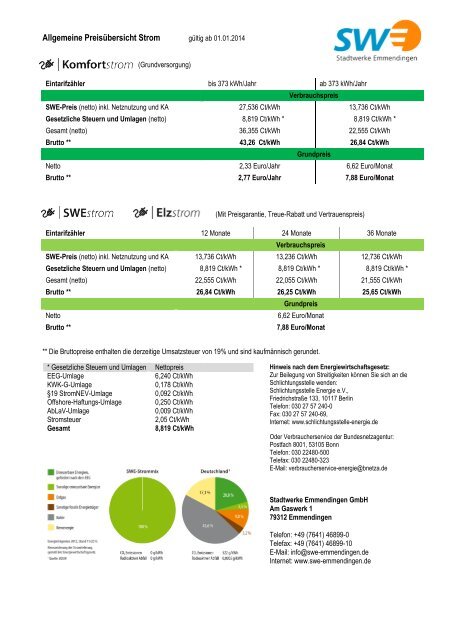 Allgemeine Preisübersicht Strom - Stadtwerke Emmendingen GmbH