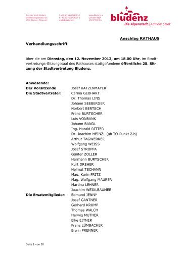 Niederschrift Stadtvertretung vom 12.11.2013 - Stadt Bludenz