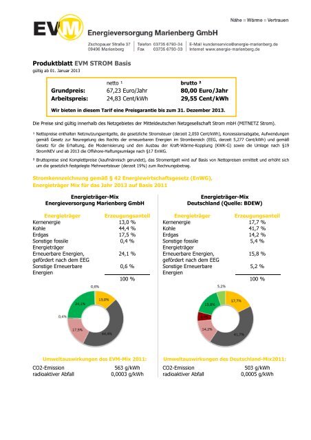 Produktblatt EVM STROM Basis - Energieversorgung Marienberg