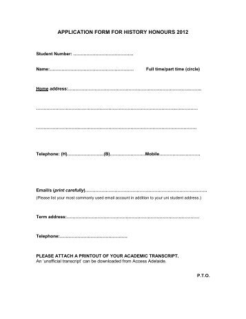 application form for history honours 2012 - University of Adelaide