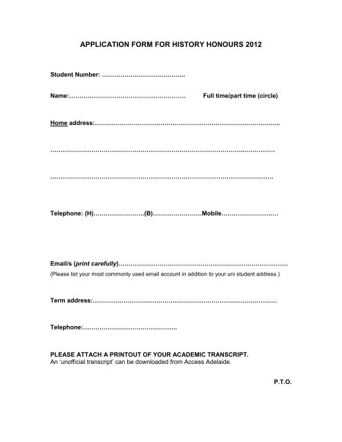 application form for history honours 2012 - University of Adelaide