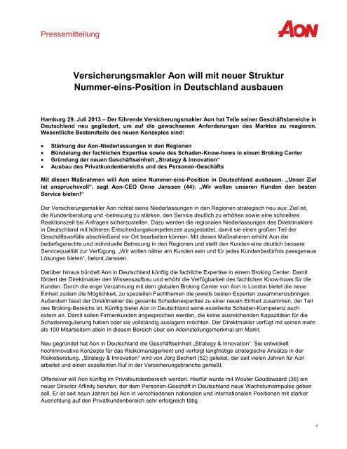 Versicherungsmakler Aon will mit neuer Struktur Nummer eins Versicherungsmakler Aon will mit neuer Struktur Nummer eins