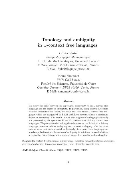 Topology and ambiguity in ω-context free languages - HAL