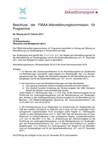 Beschluss der FIBAA-Akkreditierungskommission für Programme